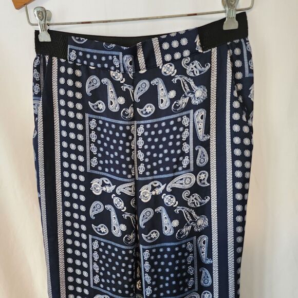 VILLA Blue White Silky Jogger Pants Pockets Black Elastic Size S - Picture 2 of 8
